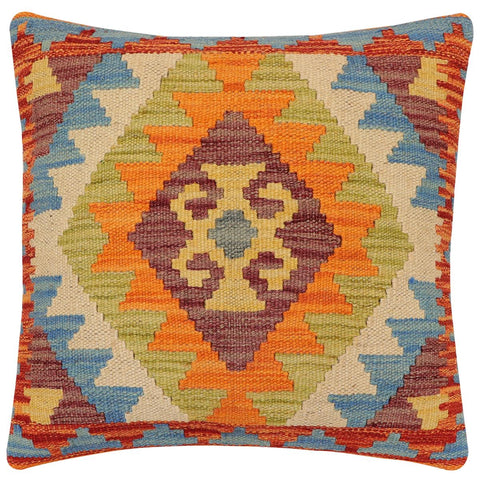 handmade Traditional Pillow Rust Blue Hand-Woven SQUARE 100% WOOL Hand woven turkish pillow2' x 2'