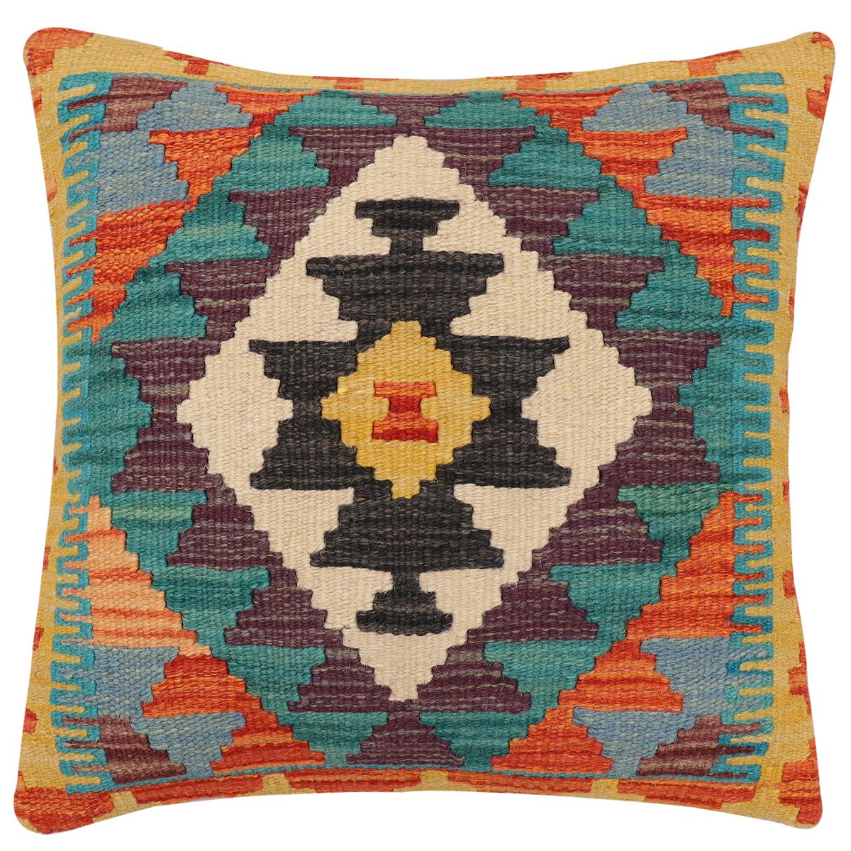 handmade Traditional Pillow Rust Blue Hand-Woven SQUARE 100% WOOL Hand woven turkish pillow2' x 2'