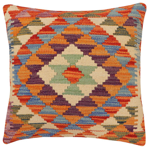 handmade Traditional Pillow Rust Blue Hand-Woven SQUARE 100% WOOL  Hand woven turkish pillow  2 x 2