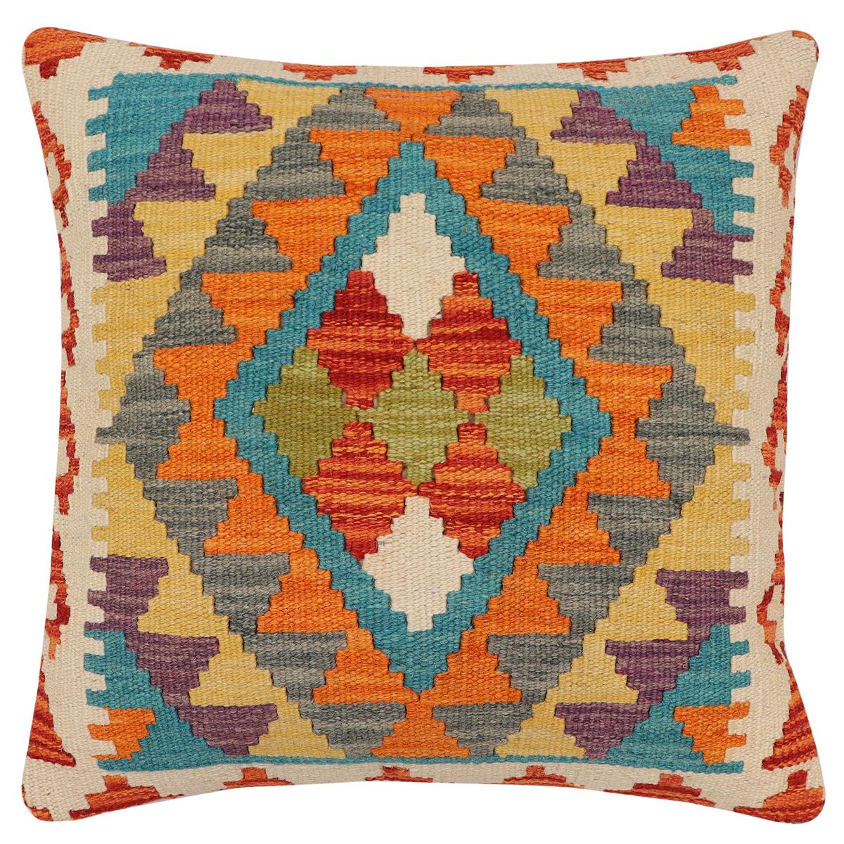 handmade Traditional Pillow Rust Blue Hand-Woven SQUARE 100% WOOL Hand woven turkish pillow2' x 2'