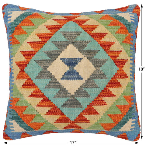handmade Traditional Pillow Rust Blue Hand-Woven SQUARE 100% WOOL  Hand woven turkish pillow  2 x 2