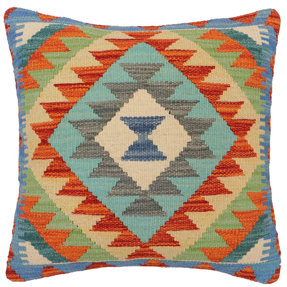 handmade Traditional Pillow Rust Blue Hand-Woven SQUARE 100% WOOL  Hand woven turkish pillow  2 x 2