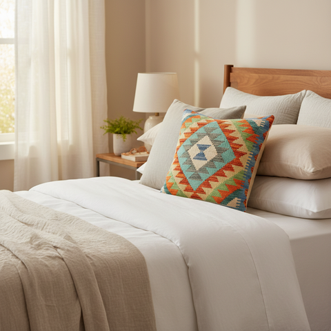 Bohemian Ivory Turkish Hand-Woven Kilim Pillow