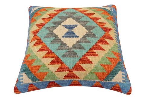 handmade Traditional Pillow Rust Blue Hand-Woven SQUARE 100% WOOL  Hand woven turkish pillow  2 x 2