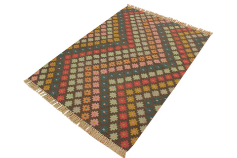 handmade Modern Kilim Brown Blue Hand-Woven RECTANGLE 100% WOOL area rug 4x6