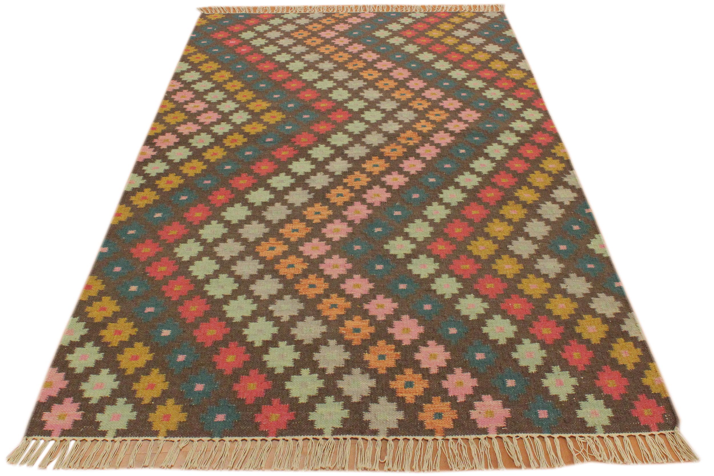 handmade Modern Kilim Brown Blue Hand-Woven RECTANGLE 100% WOOL area rug 4x6
